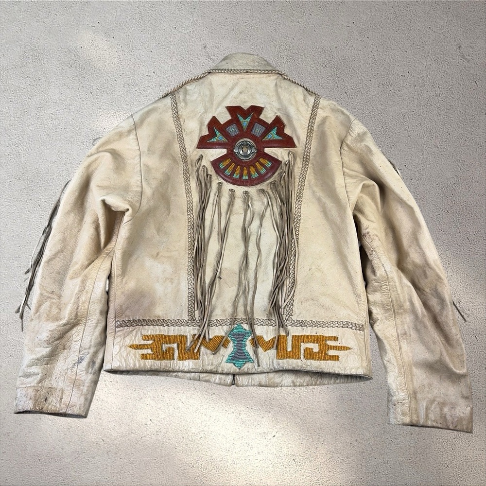 Vintage Ren Ellis Beaded Fringe Leather Jacket Fits Women's Medium Southwestern
